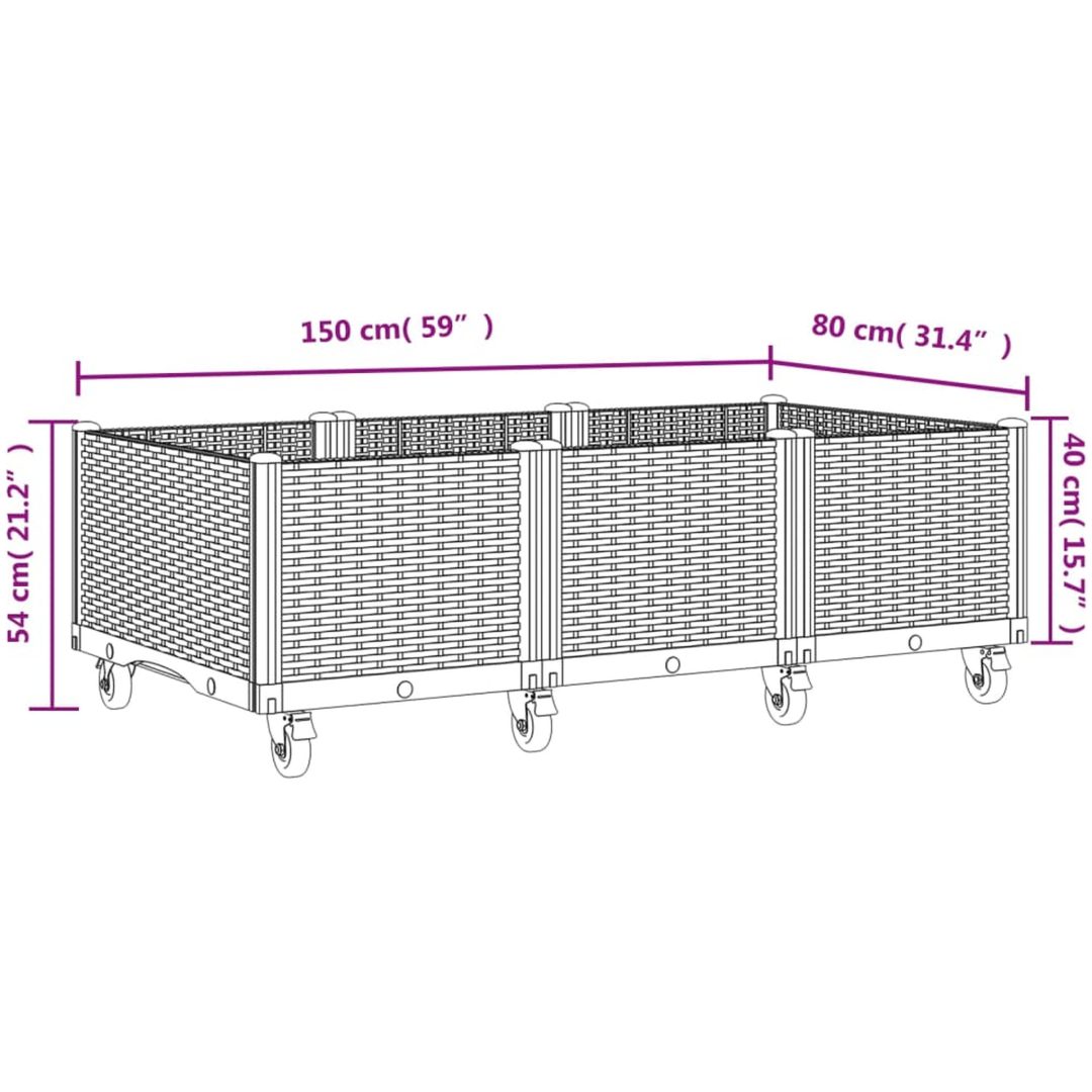 Odlingslåda med hjul grå PP vidaXL 150 x 80 x 54 cm – bild 7