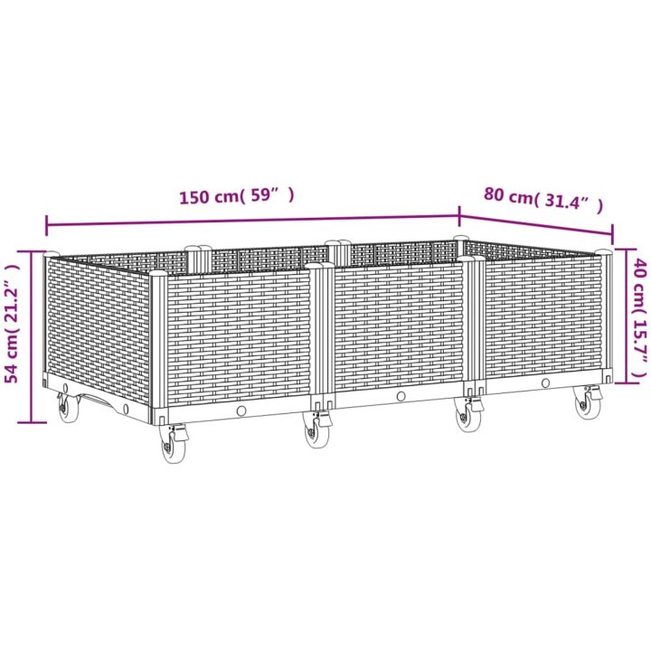 Odlingslåda med hjul grå PP vidaXL 150 x 80 x 54 cm – bild 7