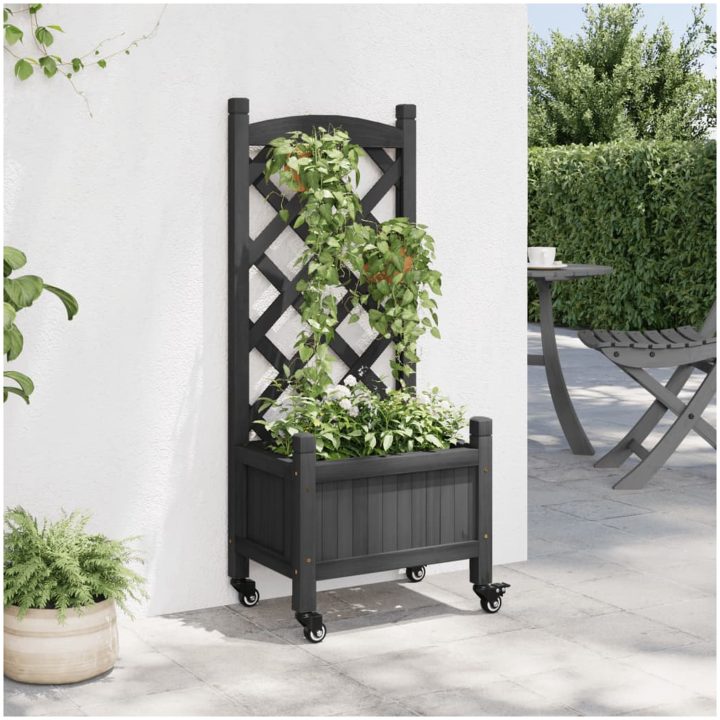Odlingslåda med spaljé och hjul svart massivt granträ vidaXL 40 x 30 x 97.5 cm – bild 3