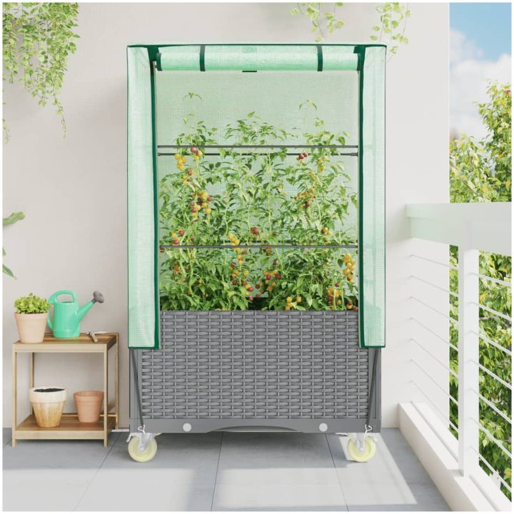 Odlingslåda med växthusöverdrag hjul rottinglook 80x50x182 cm vidaXL – bild 3