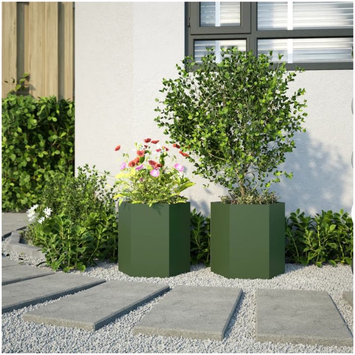 Odlingslådor 2 st olivgrön sexkantig stål vidaXL 46 x 40 x 45 cm – bild 3