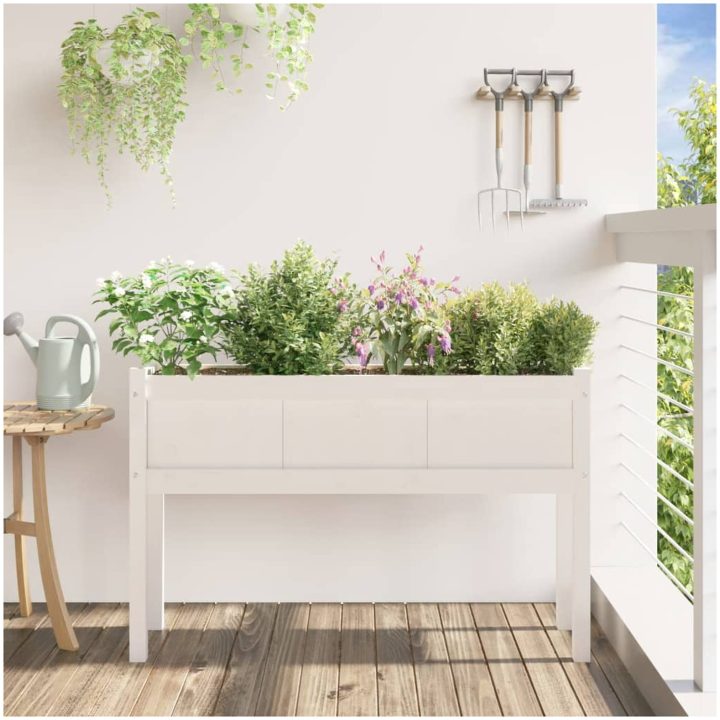 Odlingslådor med ben vit 110x31x70 cm massiv furu vidaXL – bild 3