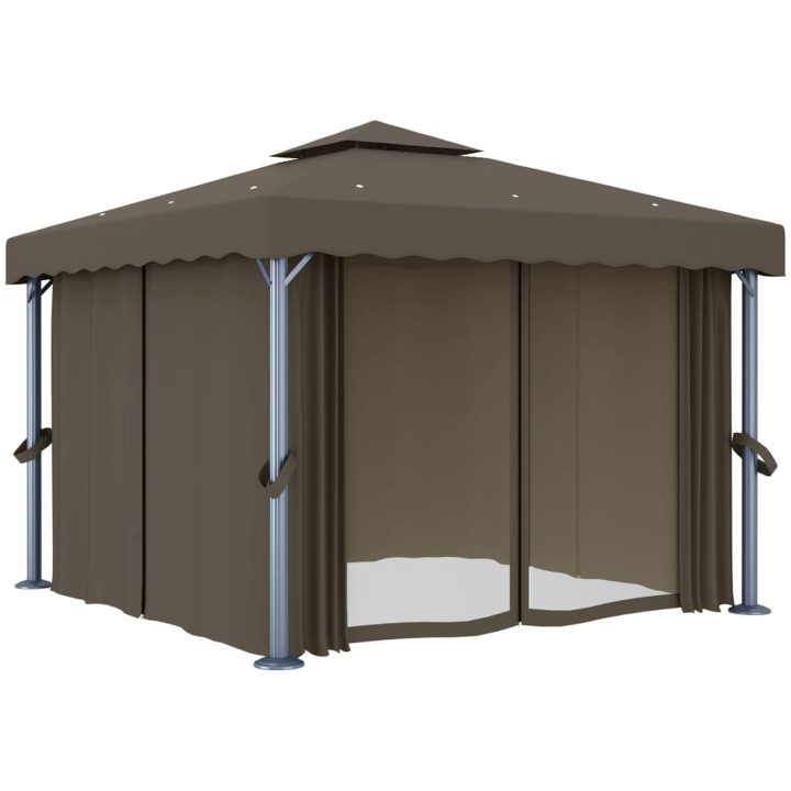 Paviljong med draperi och ljusslinga LED taupe vidaXL 3 x 3 m – bild 4