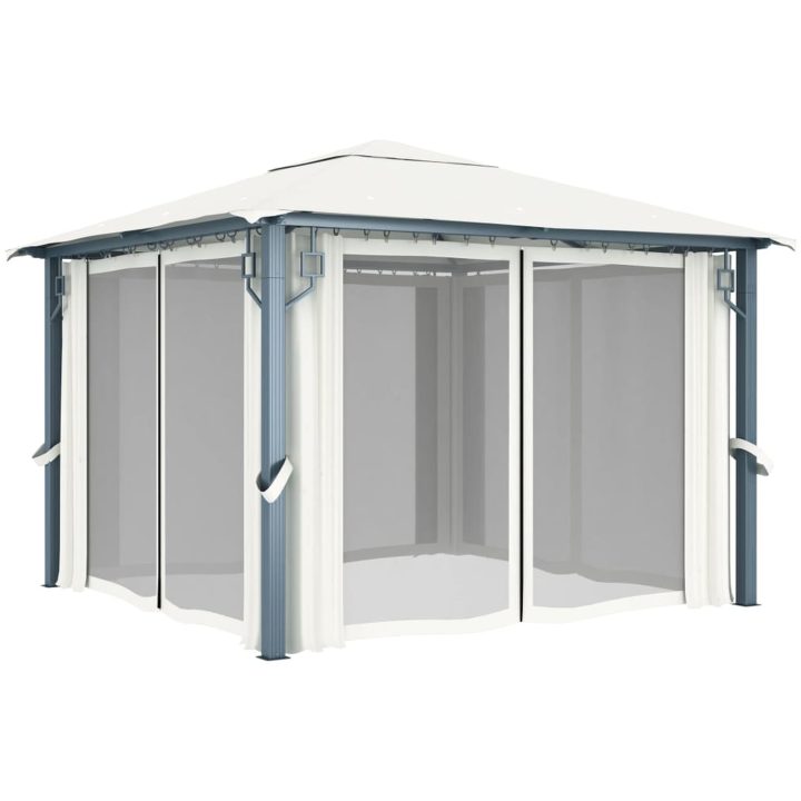 Paviljong med draperier gräddvit aluminium vidaXL 300 x 300 cm – bild 3
