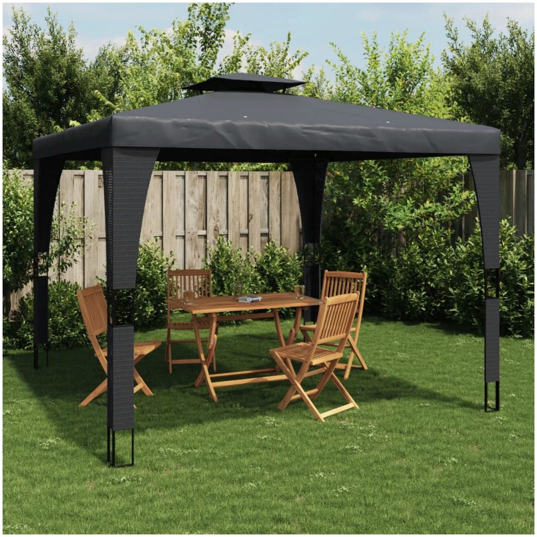 Paviljong med dubbelt tak antracit stål vidaXL 3.98 x 2.98 m