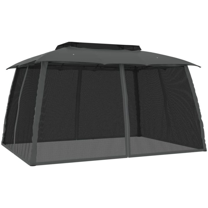 Paviljong med dubbelt tak & nätväggar antracit stål vidaXL 3.93 x 2.93 m – bild 2