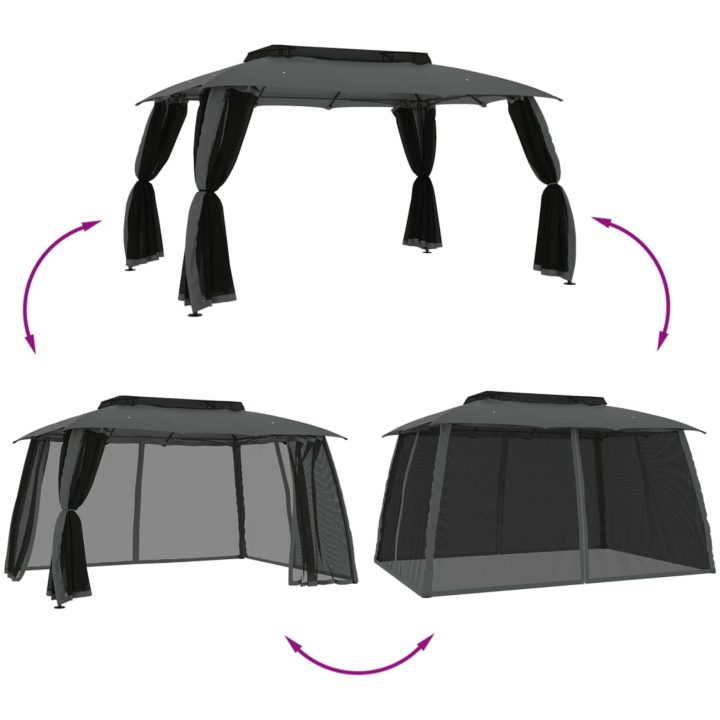 Paviljong med dubbelt tak & nätväggar antracit stål vidaXL 3.93 x 2.93 m – bild 6