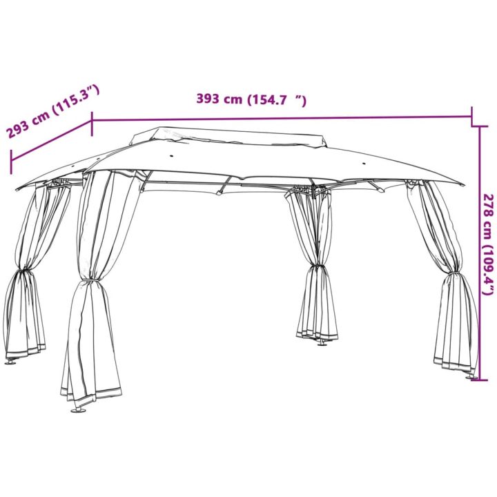 Paviljong med dubbelt tak & nätväggar antracit stål vidaXL 3.93 x 2.93 m – bild 9