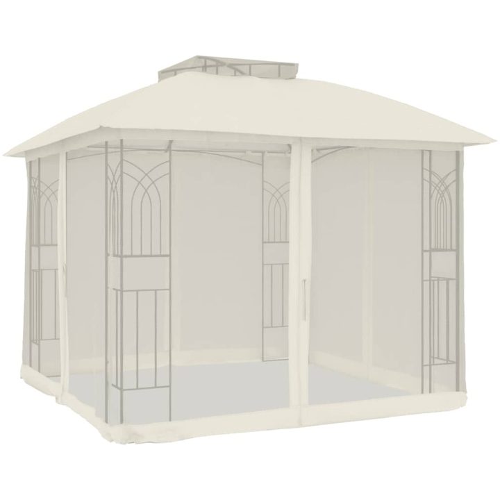 Paviljong med dubbelt tak & nätväggar gräddvit 2,94x2,94 m stål vidaXL – bild 2