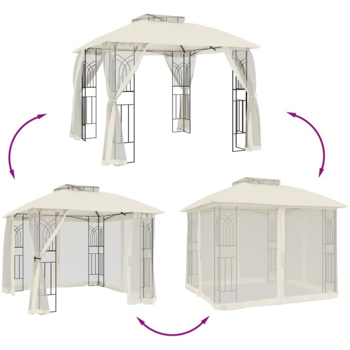 Paviljong med dubbelt tak & nätväggar gräddvit 2,94x2,94 m stål vidaXL – bild 6