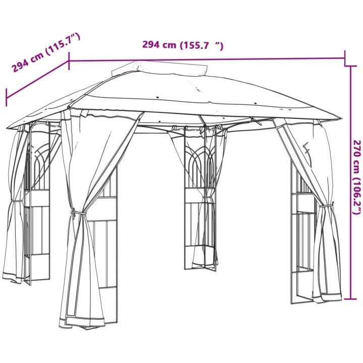 Paviljong med dubbelt tak & nätväggar gräddvit 2,94x2,94 m stål vidaXL – bild 9