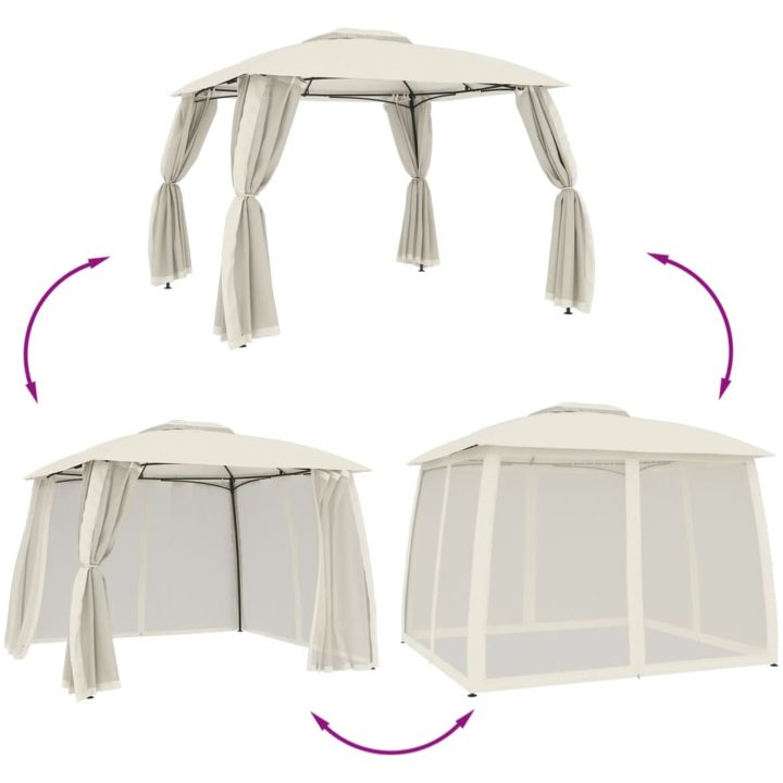 Paviljong med dubbelt tak & nätväggar gräddvit stål vidaXL 2.93 x 2.93 m – bild 6