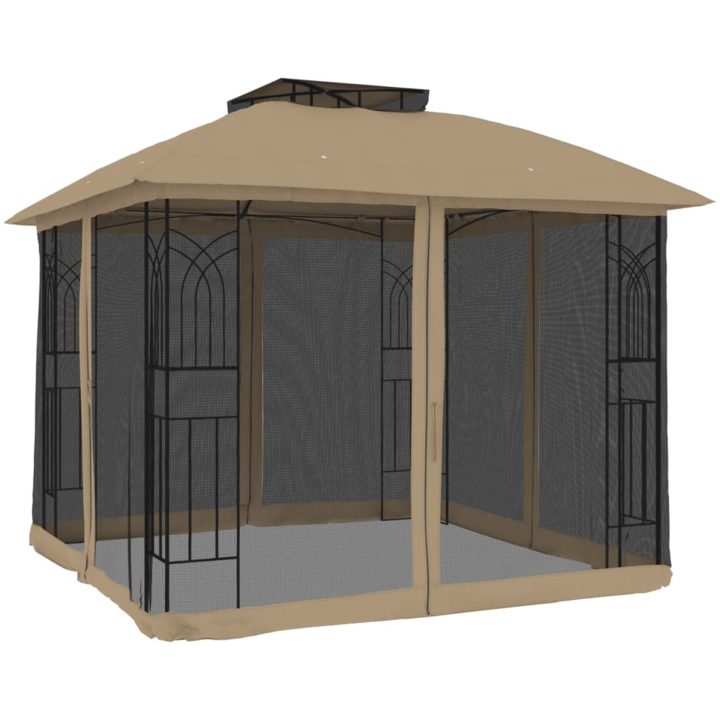 Paviljong med dubbelt tak & nätväggar taupe 2,94x2,94 m stål vidaXL – bild 2
