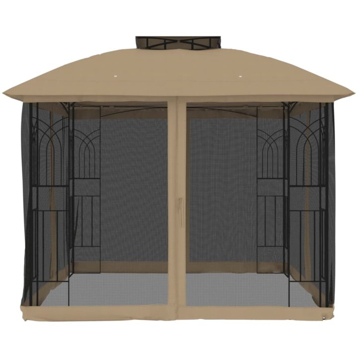 Paviljong med dubbelt tak & nätväggar taupe 2,94x2,94 m stål vidaXL – bild 4