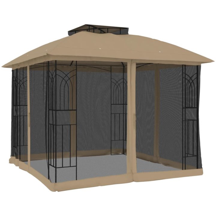 Paviljong med dubbelt tak & nätväggar taupe 2,94x2,94 m stål vidaXL – bild 5