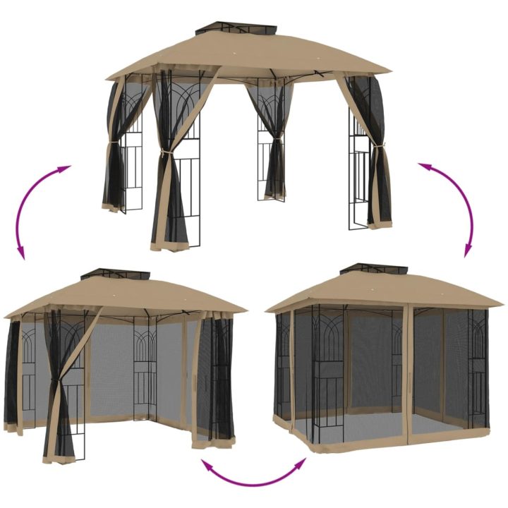 Paviljong med dubbelt tak & nätväggar taupe 2,94x2,94 m stål vidaXL – bild 6