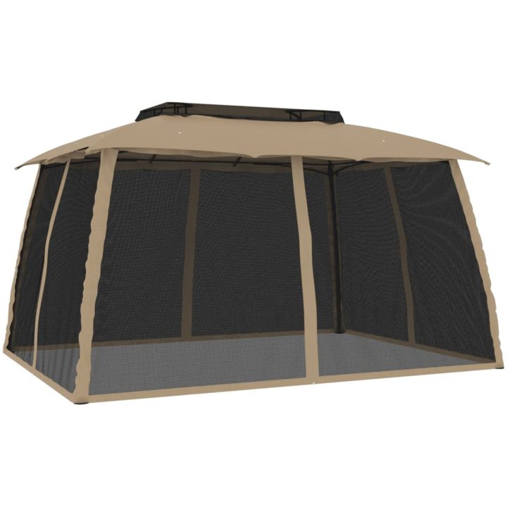 Paviljong med dubbelt tak & nätväggar taupe stål vidaXL 3.93 x 2.93 m – bild 2