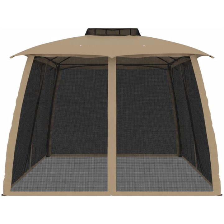 Paviljong med dubbelt tak & nätväggar taupe stål vidaXL 3.93 x 2.93 m – bild 4