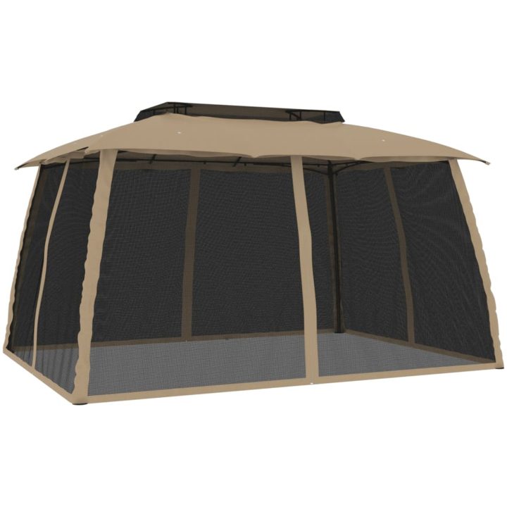 Paviljong med dubbelt tak & nätväggar taupe stål vidaXL 3.93 x 2.93 m – bild 5