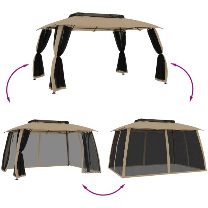 Paviljong med dubbelt tak & nätväggar taupe stål vidaXL 3.93 x 2.93 m – bild 6
