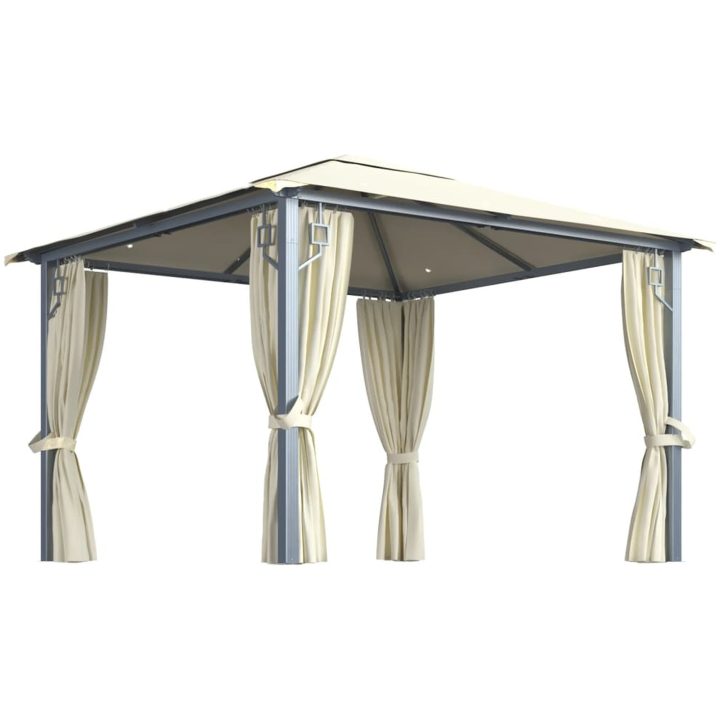 Paviljong med gardin & ljusslinga LED gräddvit aluminium vidaXL 300 x 300 cm – bild 2