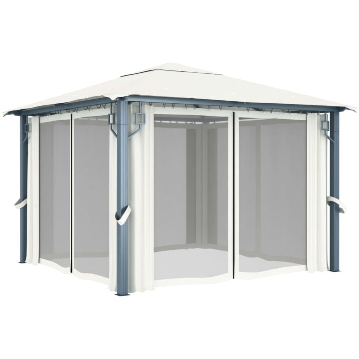 Paviljong med gardin & ljusslinga LED gräddvit aluminium vidaXL 300 x 300 cm – bild 4