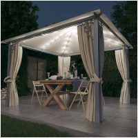 Paviljong med gardin & ljusslinga LED gräddvit aluminium vidaXL