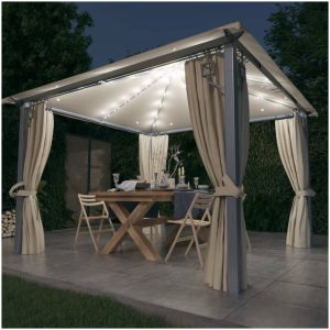 Paviljong med gardin & ljusslinga LED gräddvit aluminium vidaXL