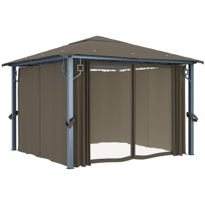 Paviljong med gardin & ljusslinga LED taupe aluminium vidaXL 300 x 300 cm – bild 4