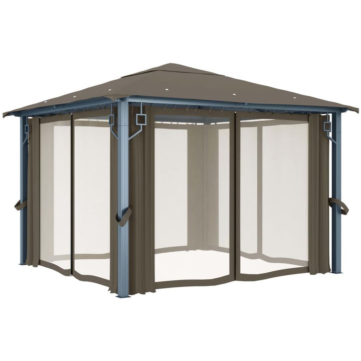 Paviljong med gardin & ljusslinga LED taupe aluminium vidaXL 300 x 300 cm – bild 5