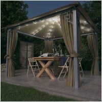 Paviljong med gardin & ljusslinga LED taupe aluminium vidaXL