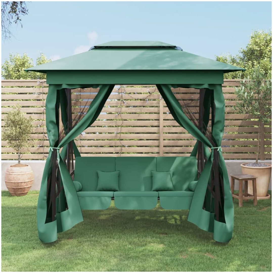 Paviljong med hammock grön tyg&stål vidaXL