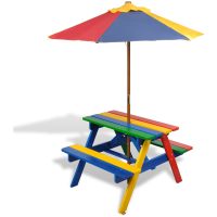 Picknickbord med bänkar och parasoll för barn flerfärgad trä vidaXL
