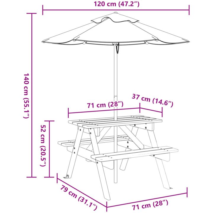 Picknickbord med parasoll för 4 barn massivt granträ vidaXL – bild 11