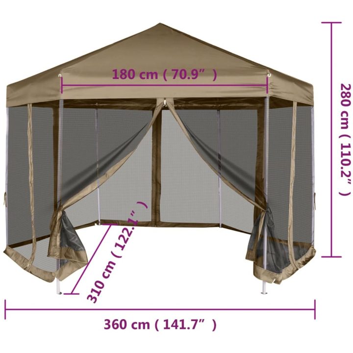 Pop-Up tält sexkantigt med sidoväggar 3,6x3,1 m taupe 220g/m² vidaXL – bild 11