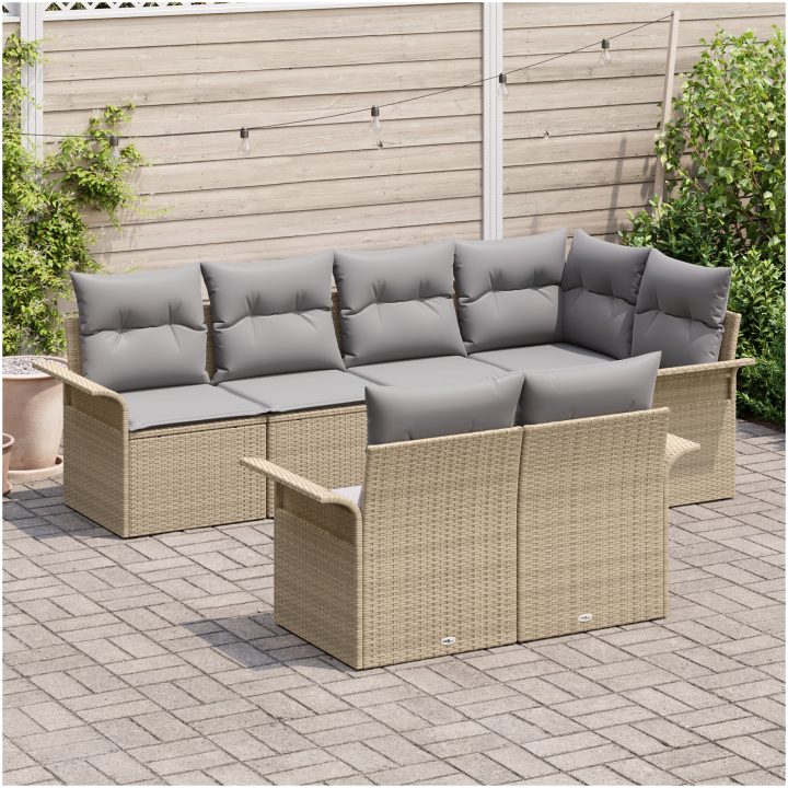 s 7-delade trädgårdsoffasats med kuddar i beige poly-rattan vidaXL 242.5 x 132.5 x 85 cm – bild 3