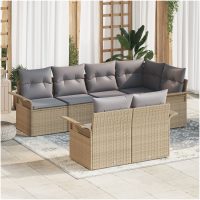 s 7-delade trädgårdsoffasats med kuddar i beige poly-rattan vidaXL