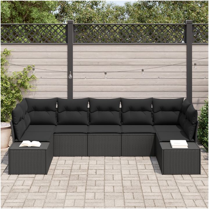 s 7-delars trädgårdssoffset med kuddar svart polyrotting vidaXL 289 x 154 x 85 cm – bild 3
