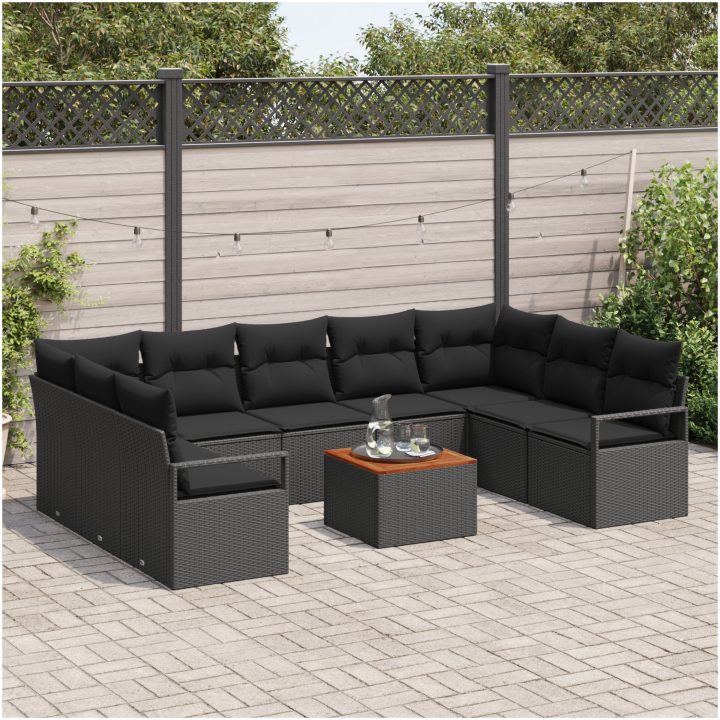 set med 10 trädgårdsoffor med kuddar, svart poly rattan akacia vidaXL Medium – bild 3