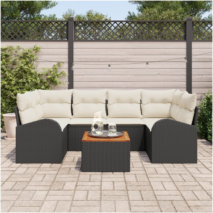 Set med 7 Delar Trädgårdsoffa med Kuddar Svart Poly Rattan Akacia vidaXL 55 x 55 x 37 cm – bild 3