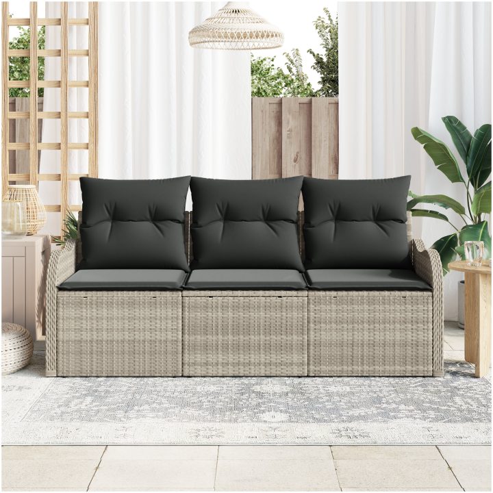 Set om 3 Trädgårdsoffa med Kuddar Ljusgrå Poly Rattan vidaXL 176 x 62 x 85 cm – bild 3