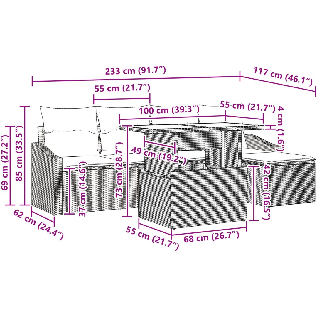 Set om 6 Trädgårdsoffa med Kuddar Beige Poly-Rotting vidaXL 100 x 55 x 73 cm – bild 12