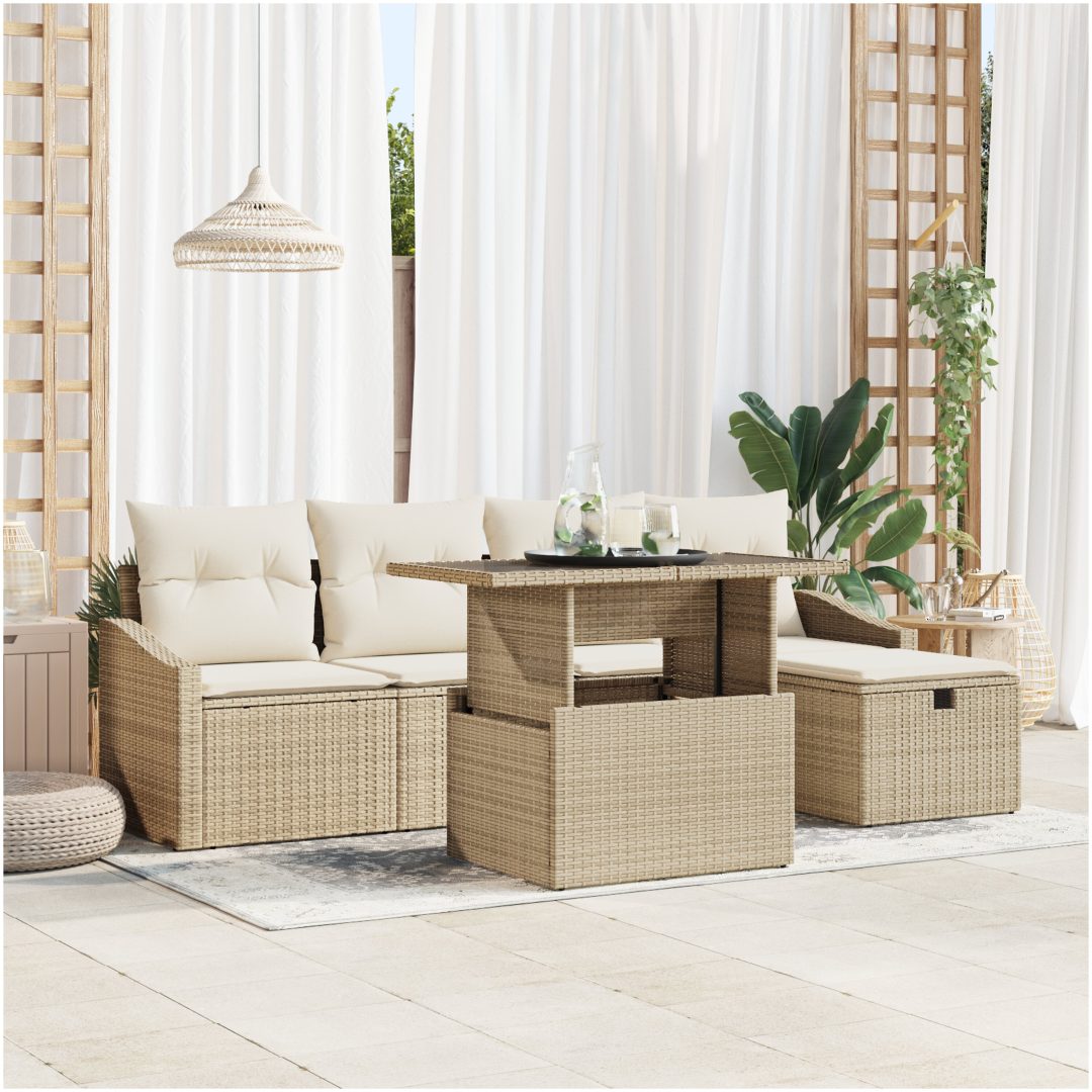 Set om 6 Trädgårdsoffa med Kuddar Beige Poly-Rotting vidaXL 100 x 55 x 73 cm