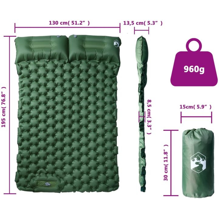 Självuppblåsande campingmadrass med kuddar 2 personer grön vidaXL – bild 6