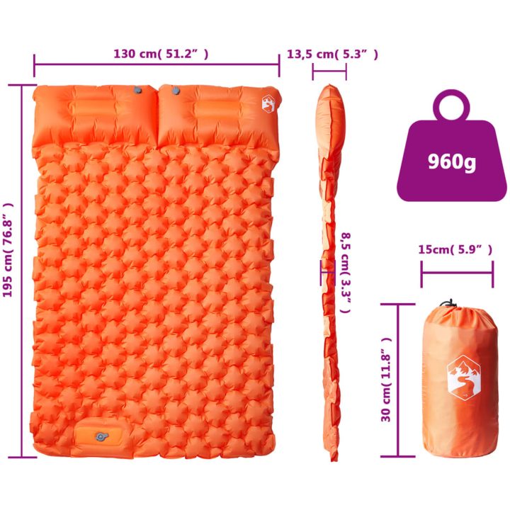Självuppblåsande campingmadrass med kuddar 2 personer orange vidaXL – bild 6