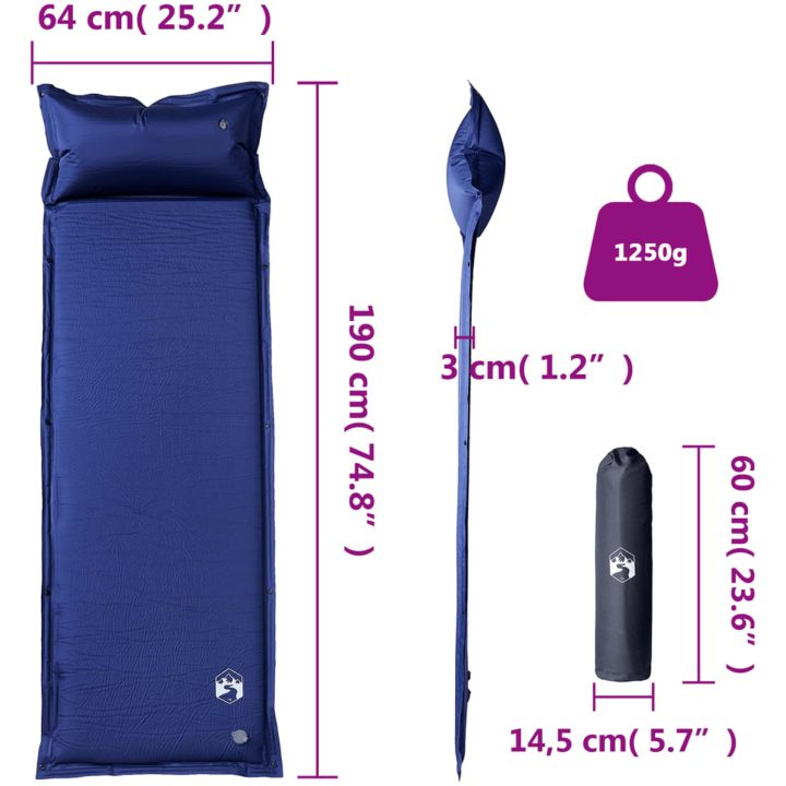 Självuppblåsande campingmadrass med kudde 1 person marinblå vidaXL 190 x 64 x 3 cm – bild 6