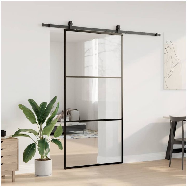 Skjutdörr med beslag svart 102x205 cm ESG-glas vidaXL 102 x 205 cm (213 cm sliding rail) – bild 3