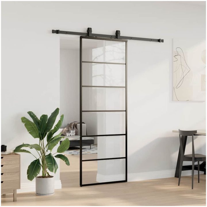 Skjutdörr med beslag svart 76x205 cm ESG-glas vidaXL 76 x 205 cm (183 cm sliding rail) – bild 3