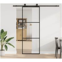 Skjutdörr med beslag svart 76x205 cm ESG-glas vidaXL