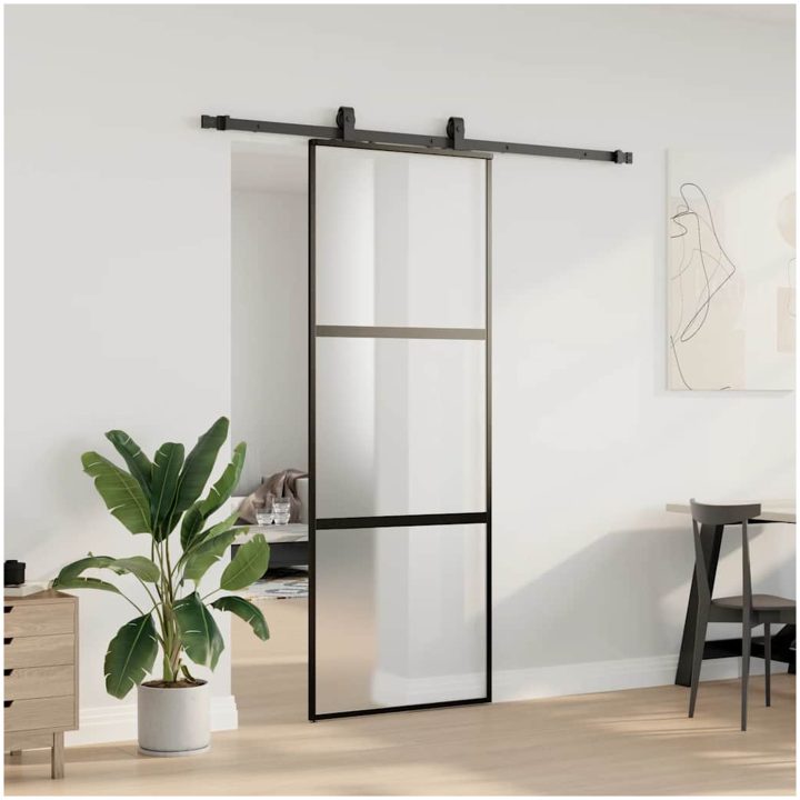 Skjutdörr med beslag svart 76x205 cm härdat glas vidaXL 76 x 205 cm (183 cm sliding rail) – bild 3